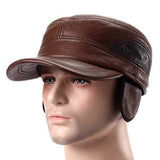 Unisex Cowhide Genuine Leather Earflap Ear Muffs Baseball Cap Fleece Lining Adjustable Military Hat