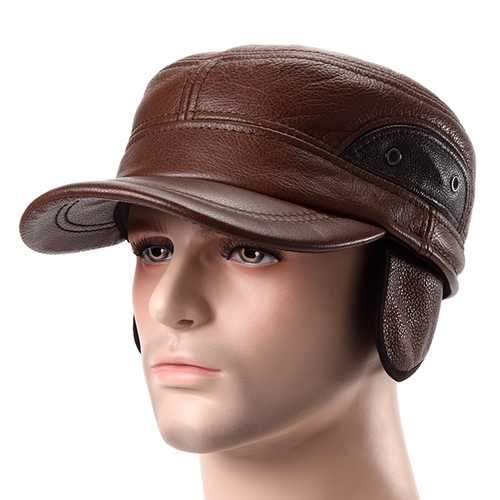 Unisex Cowhide Genuine Leather Earflap Ear Muffs Baseball Cap Fleece Lining Adjustable Military Hat