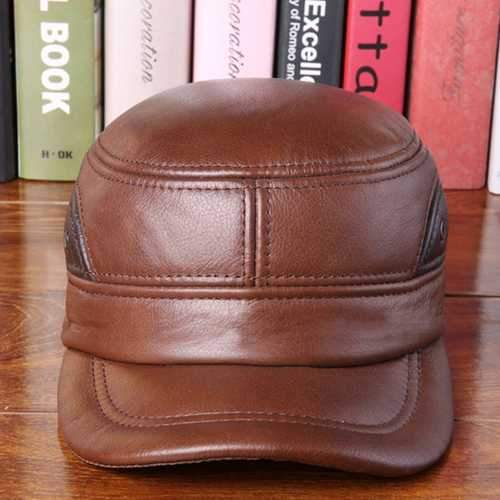 Unisex Cowhide Genuine Leather Earflap Ear Muffs Baseball Cap Fleece Lining Adjustable Military Hat