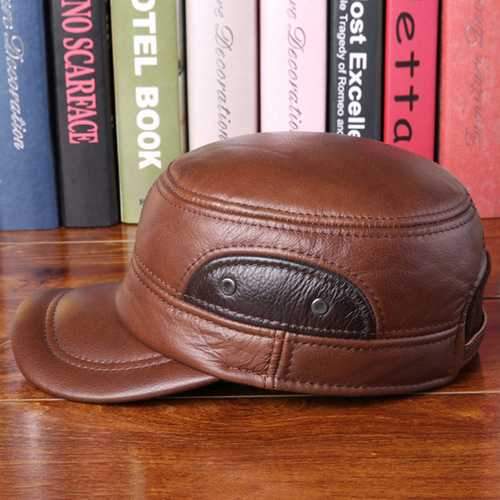 Unisex Cowhide Genuine Leather Earflap Ear Muffs Baseball Cap Fleece Lining Adjustable Military Hat