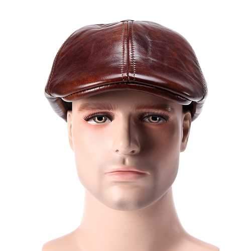 Unisex Cowhide Genuine Leather Earflap Ear Muffs Beret Hat Ear Protective Paper Boy Cabbie Cap