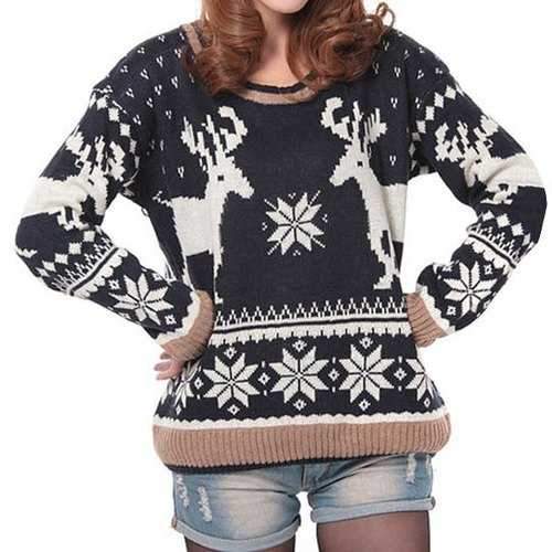 Retro Style Round Neck Long Sleeve Fawn Pattern Women's Sweater - Black One Size(fit Size Xs To M)