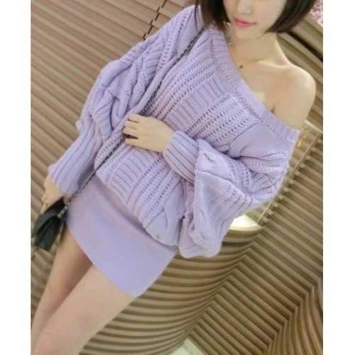 Stylish Slash Neck Hemp Flowers Knitted Batwing Sleeve Women's Dress - Purple One Size(fit Size Xs To M)