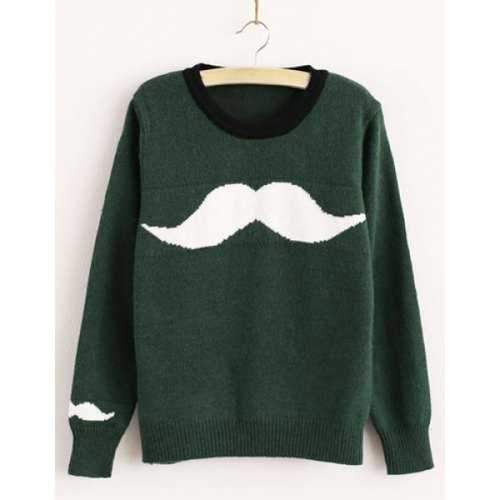 Casual Round Neck Long Sleeve Mustache Pattern Women's Sweater - Blackish Green One Size(fit Size Xs To M)