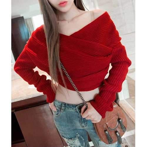 Fashionable Boat Neck Long Sleeve Solid Color Sweater For Women - Red One Size(fit Size Xs To M)