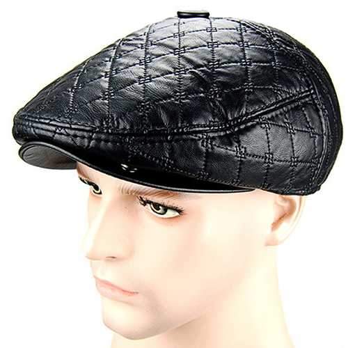 Unisex PU Leather Earflap Ear Muff Beret Hat Blank Embossed Plush Lining Paper Boy Cabbie Hat