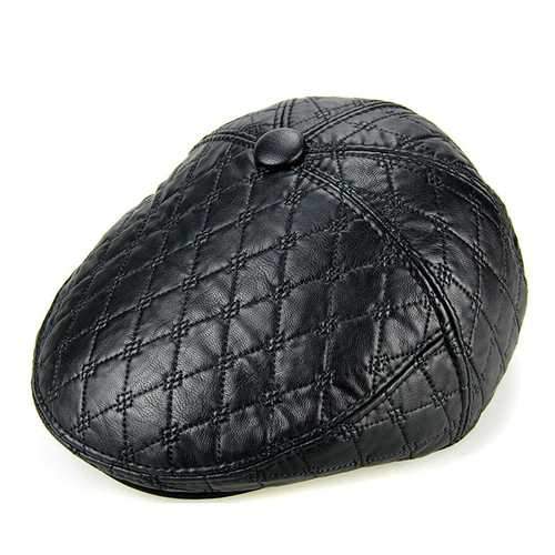 Unisex PU Leather Earflap Ear Muff Beret Hat Blank Embossed Plush Lining Paper Boy Cabbie Hat