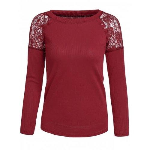 Stylish Jewel Neck Long Sleeves Solid Color Lace Splicing Sweater For Women - Wine Red One Size(fit Size Xs To M)