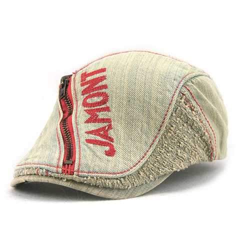 Unisex Cotton Denim Jeans Washed Beret Hat Paper Boy Zipper Decorative Duckbill Buckle Cabbie Cap