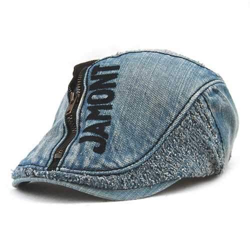 Unisex Cotton Denim Jeans Washed Beret Hat Paper Boy Zipper Decorative Duckbill Buckle Cabbie Cap