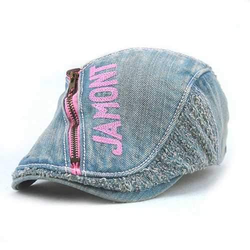 Unisex Cotton Denim Jeans Washed Beret Hat Paper Boy Zipper Decorative Duckbill Buckle Cabbie Cap