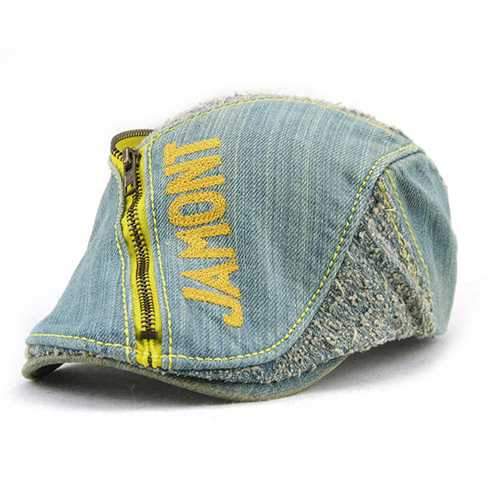 Unisex Cotton Denim Jeans Washed Beret Hat Paper Boy Zipper Decorative Duckbill Buckle Cabbie Cap