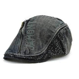 Unisex Cotton Denim Jeans Washed Beret Hat Paper Boy Zipper Decorative Duckbill Buckle Cabbie Cap