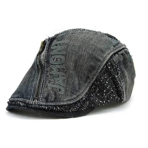 Unisex Cotton Denim Jeans Washed Beret Hat Paper Boy Zipper Decorative Duckbill Buckle Cabbie Cap