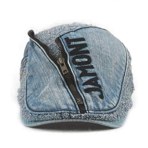 Unisex Cotton Denim Jeans Washed Beret Hat Paper Boy Zipper Decorative Duckbill Buckle Cabbie Cap