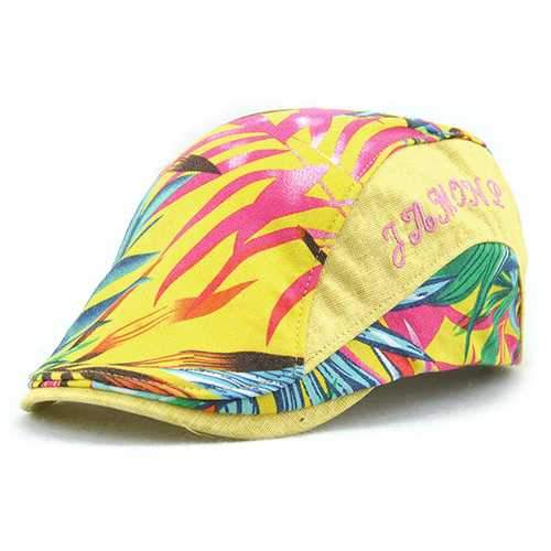 Unisex Cotton Leaf Printed Beret Hat Leaves Pattern Buckle Adjustable Paper Boy Cabbie Visor Cap