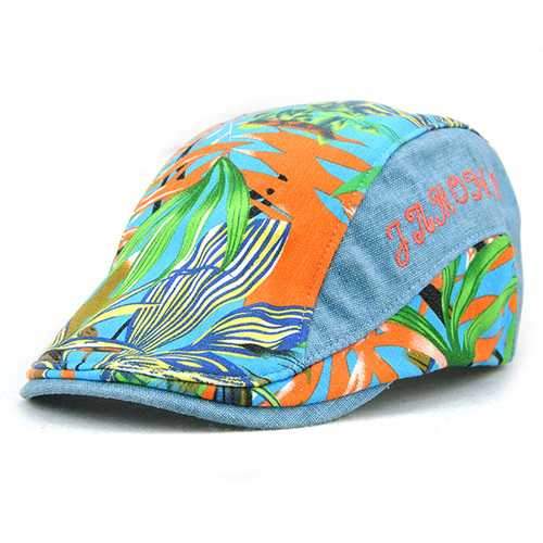 Unisex Cotton Leaf Printed Beret Hat Leaves Pattern Buckle Adjustable Paper Boy Cabbie Visor Cap
