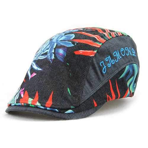 Unisex Cotton Leaf Printed Beret Hat Leaves Pattern Buckle Adjustable Paper Boy Cabbie Visor Cap