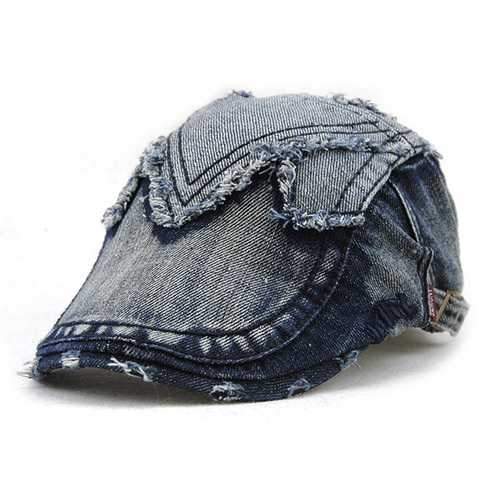 Unisex Cotton Denim Jeans Washed Newsboy Beret Hat Duckbill Golf Buckle Cabbie Cap For Men Women