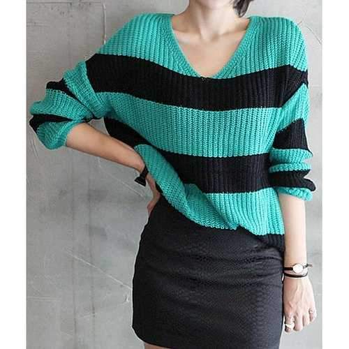 Vintage V-Neck Striped Print Sweater For Women - One Size(fit Size Xs To M)