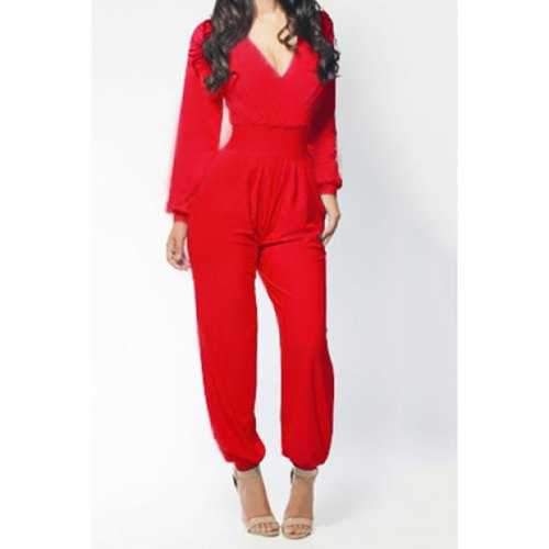 High Waist Plunging Neck Surplice Jumpsuit with Pockets - Red L