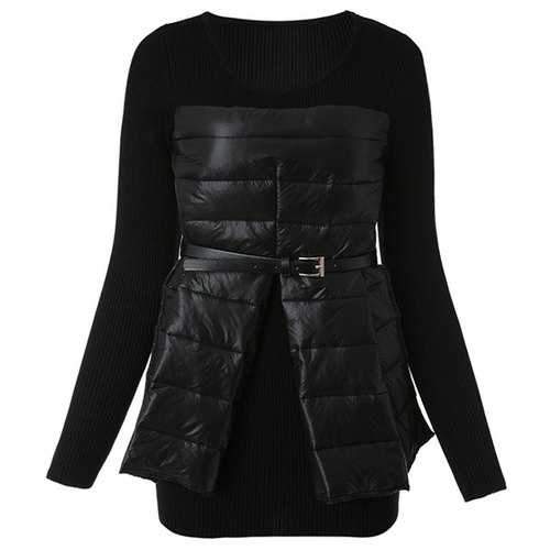Fashionable Round Collar Down Spliced Long Sleeve Women's Knitwear - Black One Size(fit Size Xs To M)