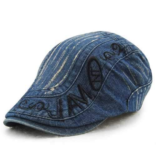 Mens Cotton Washed Embroidery Beret Hat Buckle Adjustable Paper Boy Newsboy Cabbie Cap