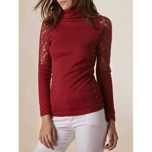 Stylish Turtleneck Long Sleeve Lace Splicing Sweater For Women - Claret One Size(fit Size Xs To M)