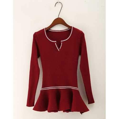 Stylkish Scoop Neck Ruffles Slimming Long Sleeve Women's Knitwear - Wine Red One Size(fit Size Xs To M)