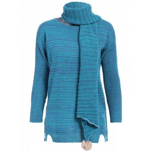 Scoop Neck Long Chunky Sweater with Scarf - Green One Size(fit Size Xs To M)