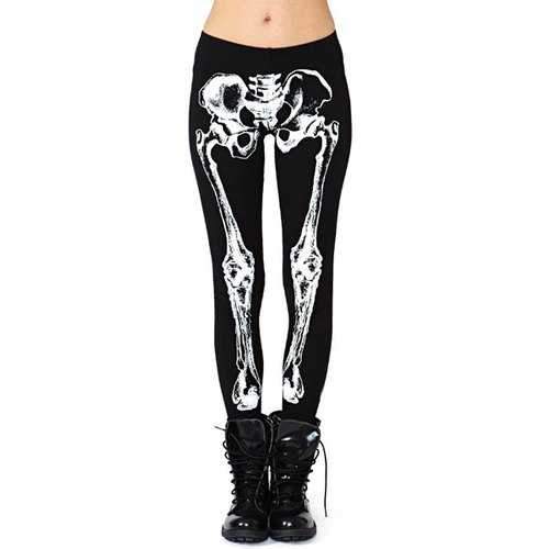 Trendy Style Elastic Waisted Skeleton Print Narrow Feet Women's Leggings - Black S