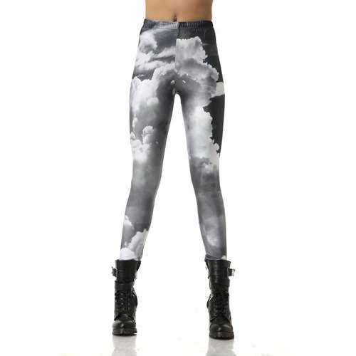 Stylish Elastic Waisted Cloud Print Narrow Feet Women's Leggings - Black And Grey L