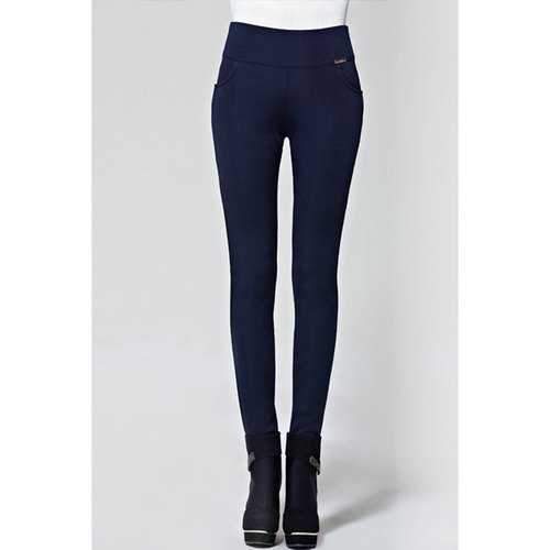 Stylish Solid Color Flocking High-Waisted Leggings For Women - Sapphire Blue L