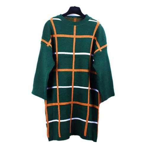 Brief Jewel Neck Plaid Long Sleeve Knitted Dress For Women - Green One Size(fit Size Xs To M)