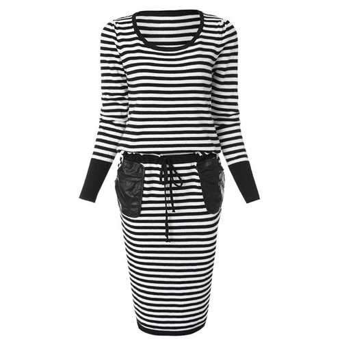 Stylish Long Sleeves Striped Drawstring Pocket Splicing Sweater Dress For Women - Black One Size(fit Size Xs To M)