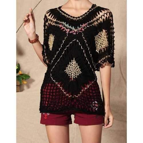 Stylish V-Neck Short Sleeves Hollow Out Color Splicing Sweater For Women - Black One Size(fit Size Xs To M)