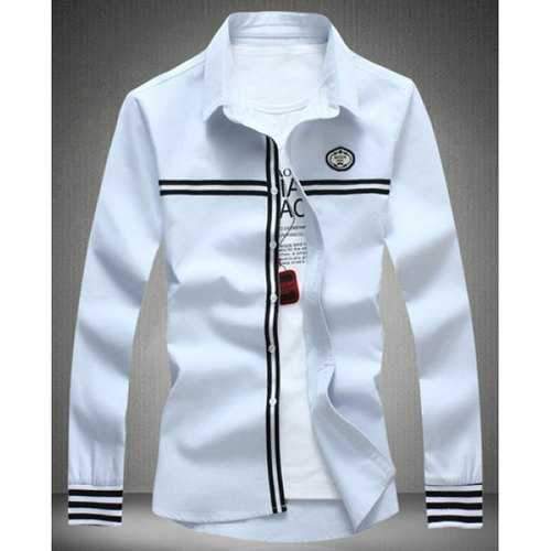Stylish Shirt Collar Slimming Badge Design Stripe Splicing Long Sleeve Cotton Blend Shirt For Men - Light Blue Xl