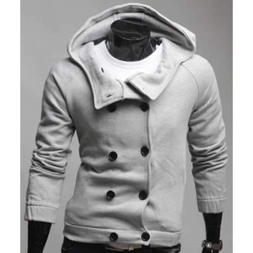 Laconic Hooded Solid Color Double Breasted Slimming Long Sleeves Men's Cotton Blend Hoodie - Gray Xl