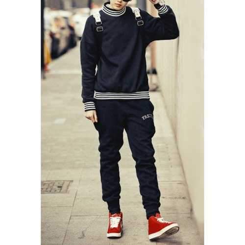Sports Style Turtleneck Rib Splicing Slimming Long Sleeves Men's Flocky Sweatshirt Suits(Sweatshirt+Pants) - Black M