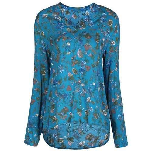 Stylish V-Neck Long Sleeve Floral Print Loose-Fitting Women's Blouse - Blue M