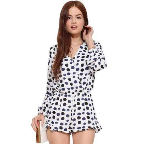 Fashionable V-Neck Polka Dot Print Flounce Splicing Long Sleeve Romper For Women - Blue Xs