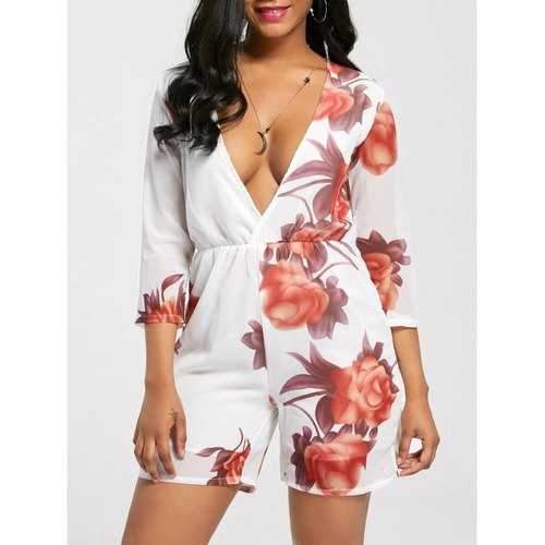 Plunging Neck Floral Print Romper - Floral S