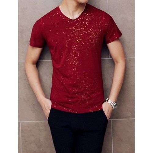 Laconic V-Neck Paint Dot Embellished Slimming Solid Color Short Sleeves Men's T-Shirt - Red M