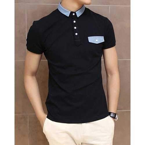 Stylish Turndown Collar Slimming Color Block Denim Splicing Short Sleeve Polyester Polo T-Shirt For Men - Black L