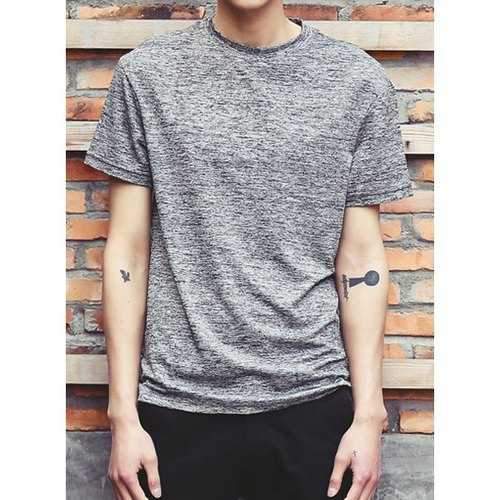 Western Style Round Neck Slimming Mixed Color Fabric Design Short Sleeves Men's T-Shirt - Deep Gray M