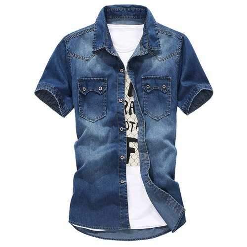 Exquisite Pocket Turn-down Collar Slimming Fashion Design Short Sleeves Men's Denim Shirt - Deep Blue 2xl