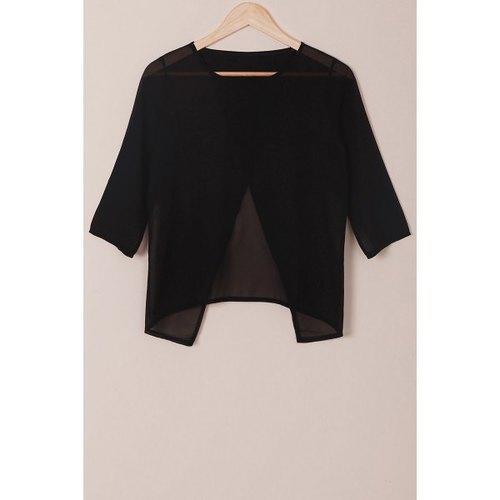 Round Neck 3/4 Sleeve Furcal Short Chiffon Blouse - Black S
