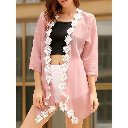 Stylish 3/4 Sleeve Laciness Chiffon Kimono Women's Cardigan - Pink One Size(fit Size Xs To M)