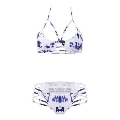 Sexy Style Halter Neck Print Openwork Bikini Set For Women - White S