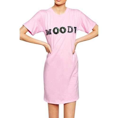 Casual Style Round Neck Short Sleeve Sequins Letter Pattern Women's Dress - Pink S